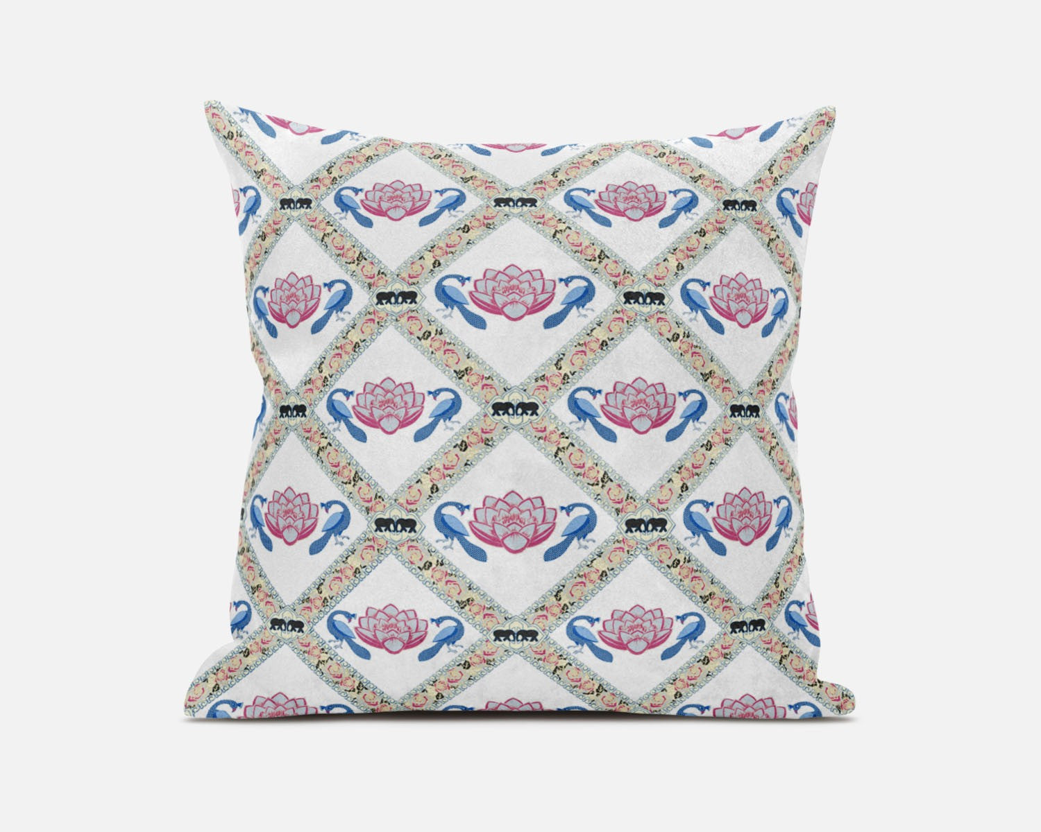 20" X 20" White Blue Gray Lotus Floral Blown Seam Suede Throw Pillow FurniFindUSA