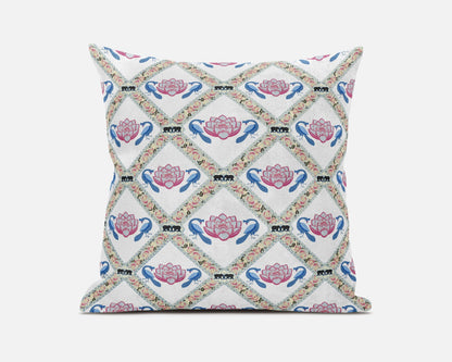 20" X 20" White Blue Gray Lotus Floral Blown Seam Suede Throw Pillow FurniFindUSA