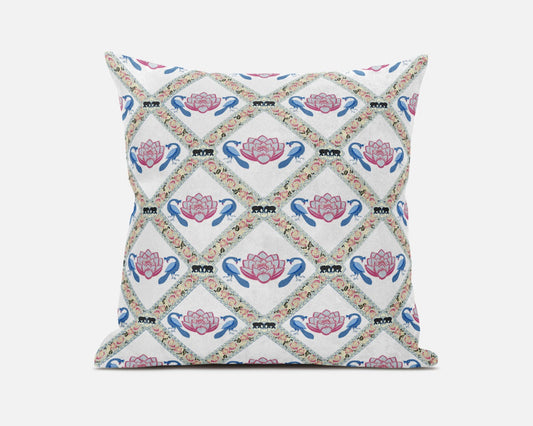 20" X 20" White Blue Gray Lotus Floral Blown Seam Suede Throw Pillow FurniFindUSA