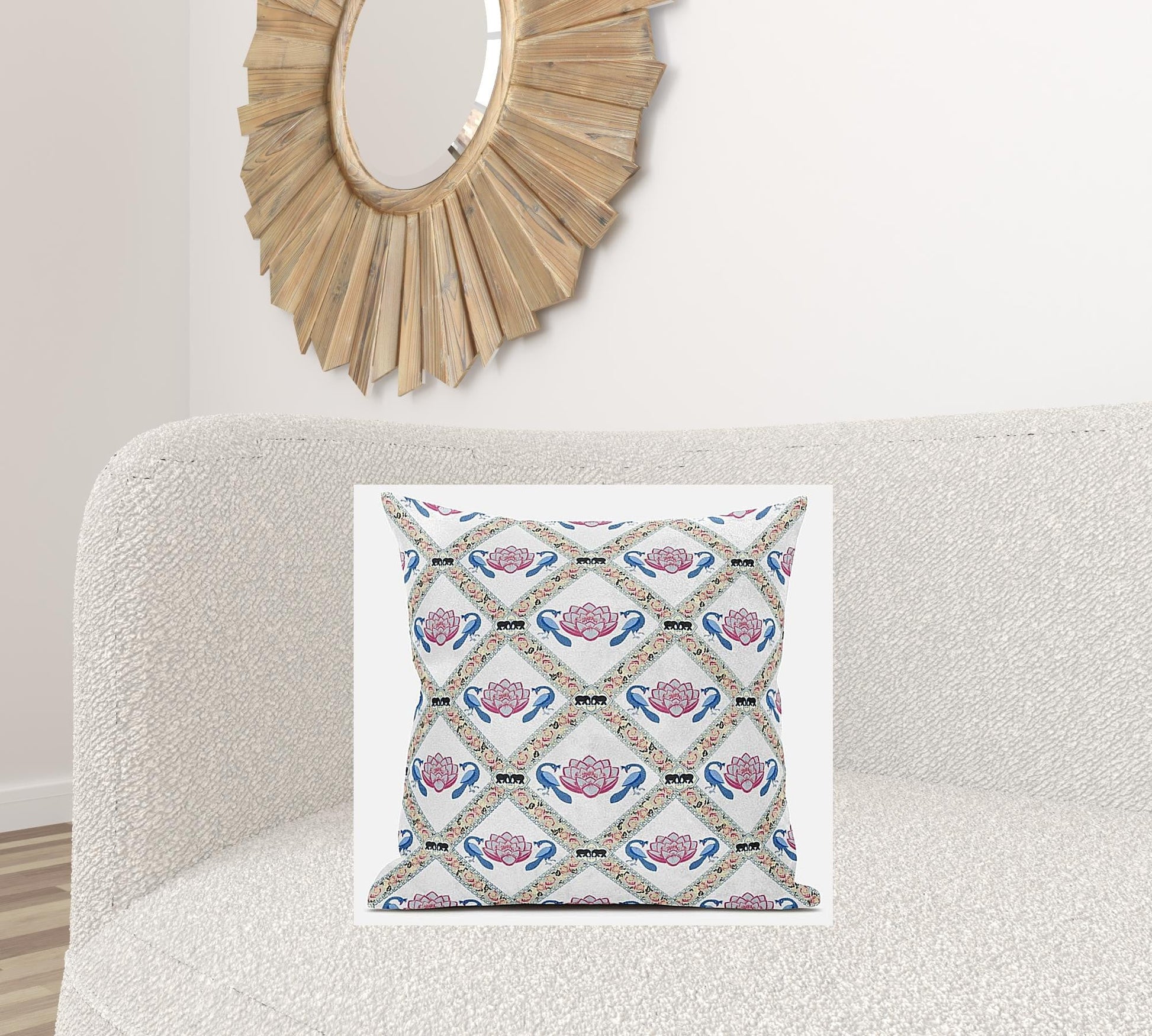 20" X 20" White Blue Gray Lotus Floral Blown Seam Suede Throw Pillow FurniFindUSA