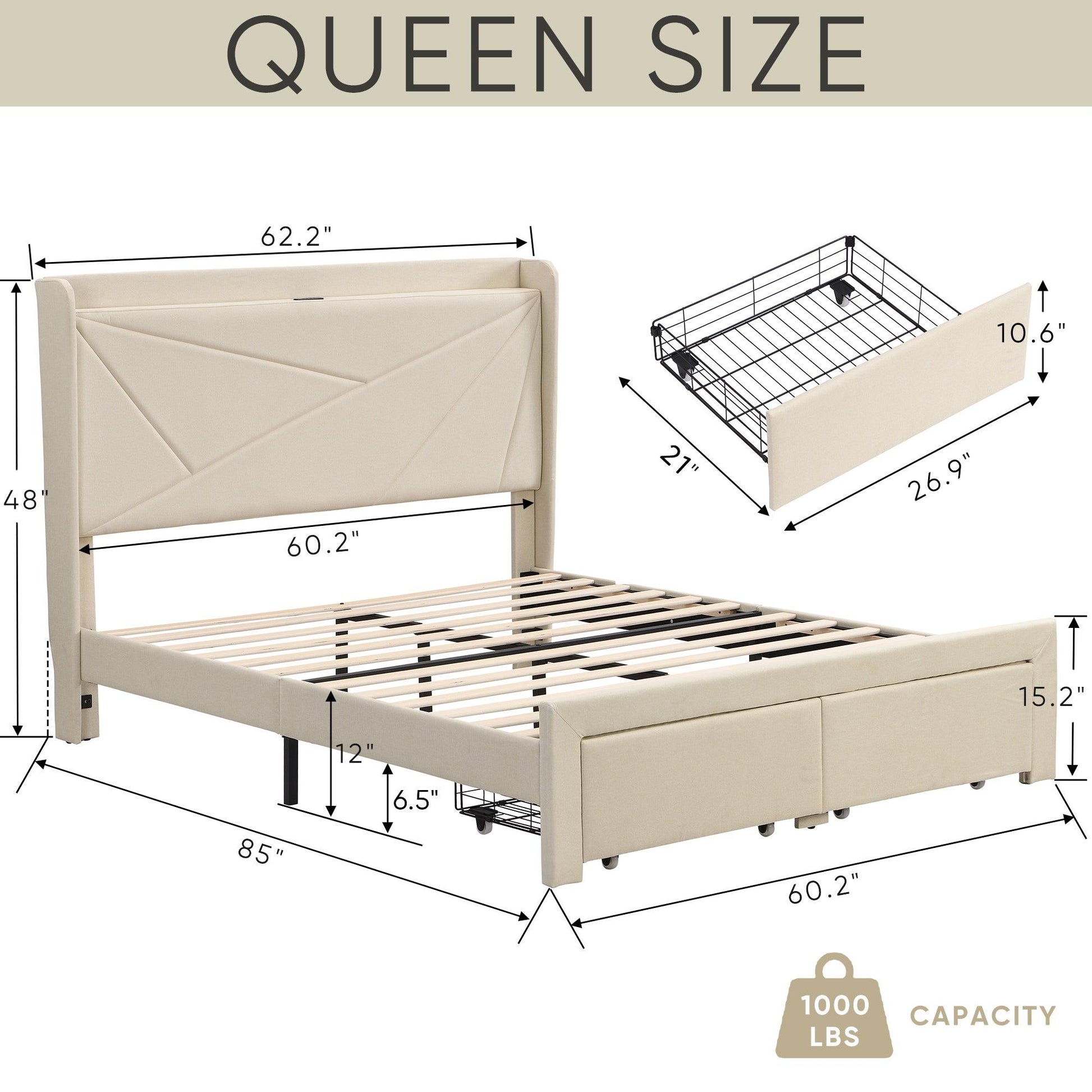 Queen Size Bed Frame with 2 Storage Drawers Upholstered Bed Frame - FurniFindUSA