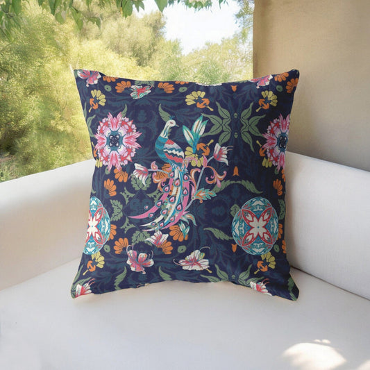 20" Navy Pink Peacock Suede Throw Pillow FurniFindUSA