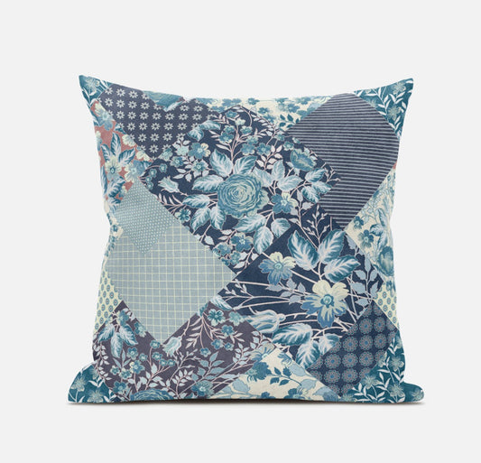 16" Blue White Floral Zippered Suede Throw Pillow FurniFindUSA