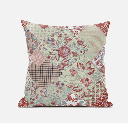 16" Red White Floral Zippered Suede Throw Pillow FurniFindUSA