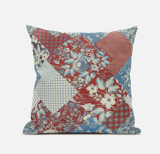 16" Aqua Red Floral Zippered Suede Throw Pillow FurniFindUSA