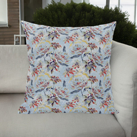 16" Sky Blue Red Roses Zippered Suede Throw Pillow FurniFindUSA
