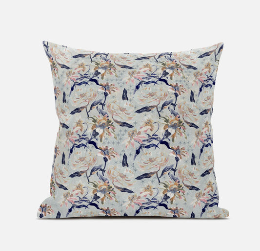 16" Light Blue Indigo Roses Zippered Suede Throw Pillow FurniFindUSA
