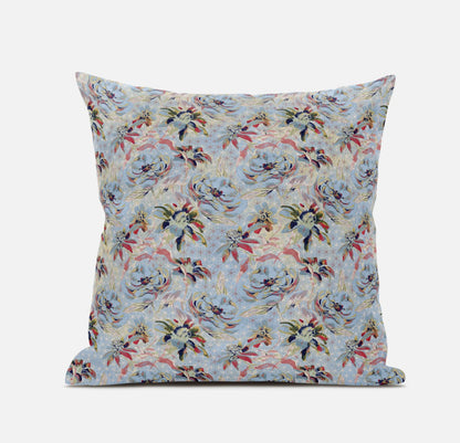 16" Light Blue Red Roses Zippered Suede Throw Pillow FurniFindUSA