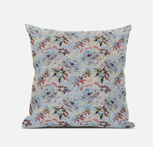 16" Light Blue Red Roses Zippered Suede Throw Pillow FurniFindUSA