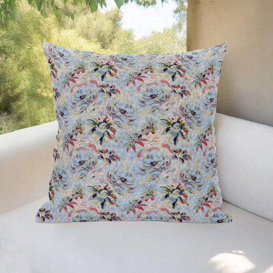 16" Light Blue Red Roses Zippered Suede Throw Pillow FurniFindUSA