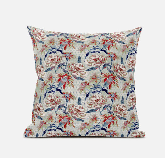 16" Red Indigo Roses Zippered Suede Throw Pillow FurniFindUSA