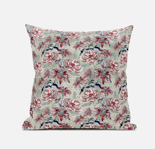 16" Red Pale Green Roses Zippered Suede Throw Pillow 5.0" (L) x 16.0" (W) x 16.0" (H) FurniFindUSA