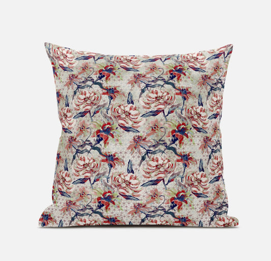 16" Red Light Indigo Roses Zippered Suede Throw Pillow FurniFindUSA