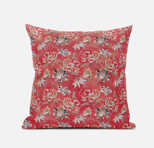 16" Salmon Red Roses Zippered Suede Throw Pillow FurniFindUSA