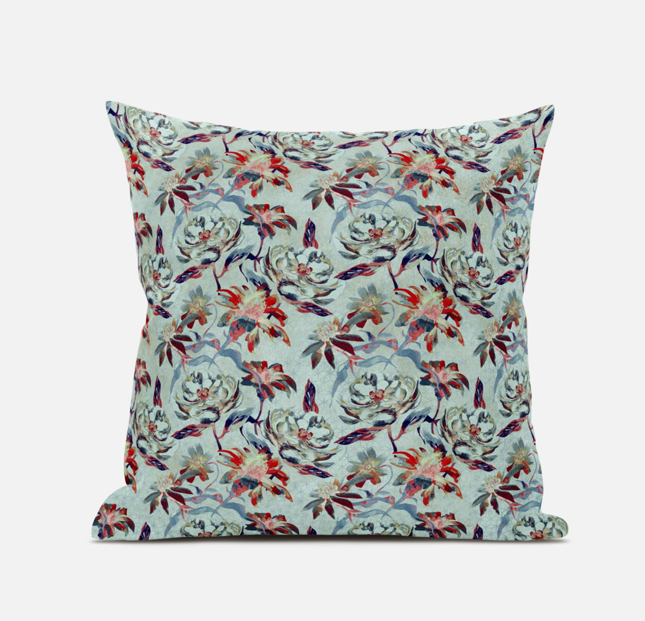 16" Red Aqua Roses Zippered Suede Throw Pillow FurniFindUSA