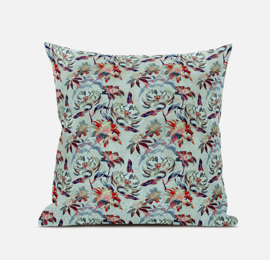 16" Red Aqua Roses Zippered Suede Throw Pillow FurniFindUSA