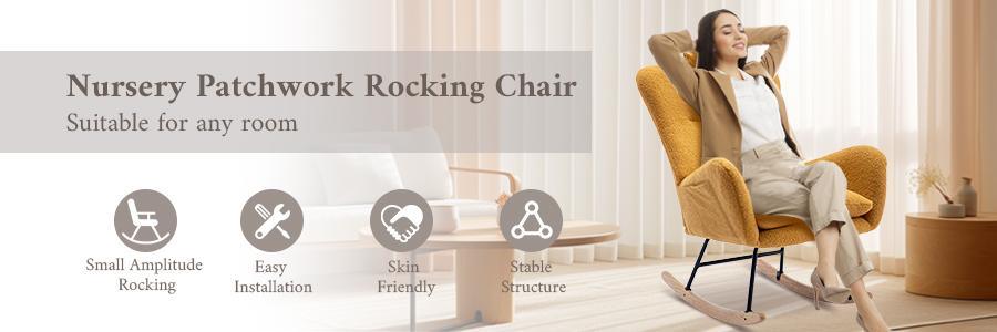 35.5 inch Rocking Chair with Pocket, Soft Teddy Fabric Rocking Chair for Nursery, Comfy Wingback Glider Rocker with Safe Solid Wood Base for Living Ro - FurniFindUSA