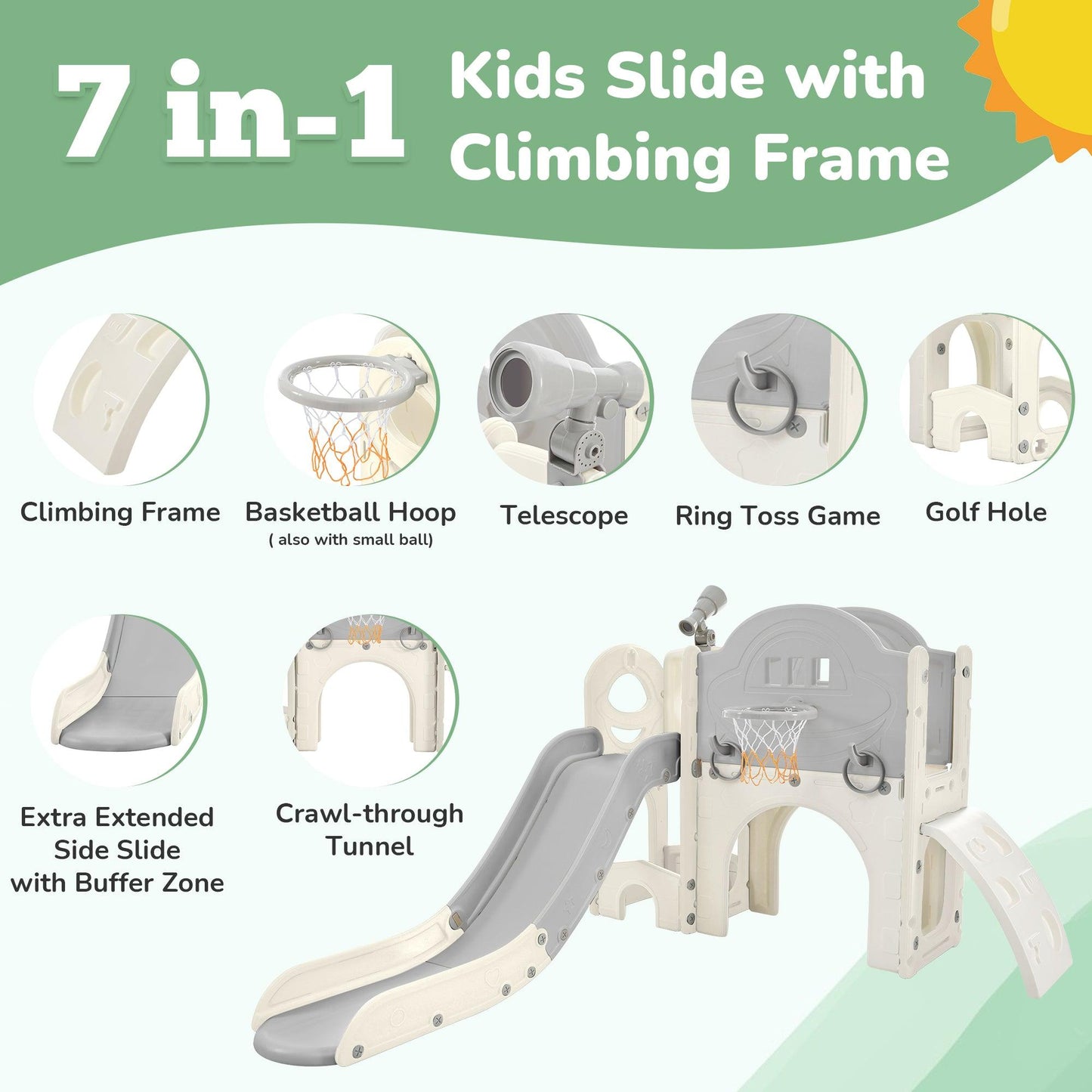 Kids Slide Playset Structure 7 in 1, Freestanding Spaceship Set with Slide, Arch Tunnel Grey+White + HDPE - FurniFindUSA