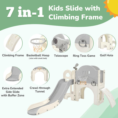 Kids Slide Playset Structure 7 in 1, Freestanding Spaceship Set with Slide, Arch Tunnel Grey+White + HDPE - FurniFindUSA