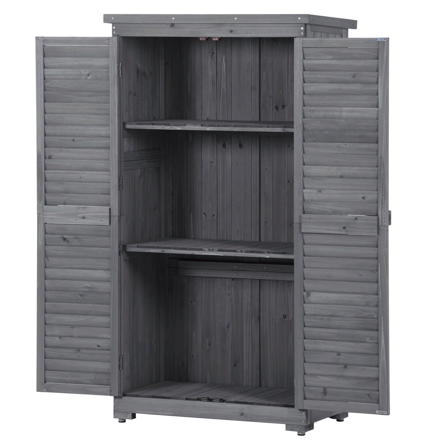 Wooden Garden Shed 3-tier Patio Storage Cabinet Outdoor Organizer Wooden Lockers with Fir Wood (Gray Wood Color -Shutter Design) - FurniFindUSA