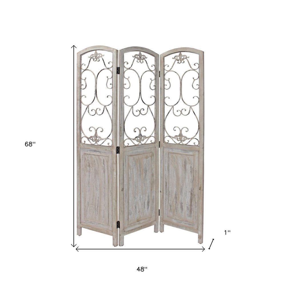 68" Beige Metal And Wood Folding Three Panel Screen Room Divider HomeRoots