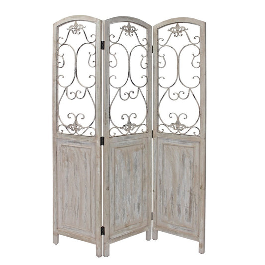 68" Beige Metal And Wood Folding Three Panel Screen Room Divider HomeRoots