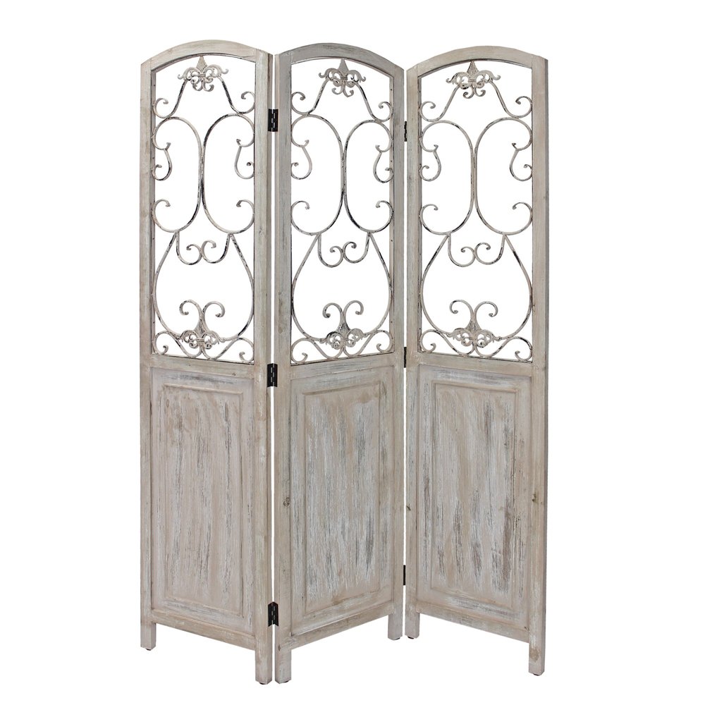 68" Beige Metal And Wood Folding Three Panel Screen Room Divider HomeRoots