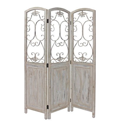 68" Beige Metal And Wood Folding Three Panel Screen Room Divider HomeRoots