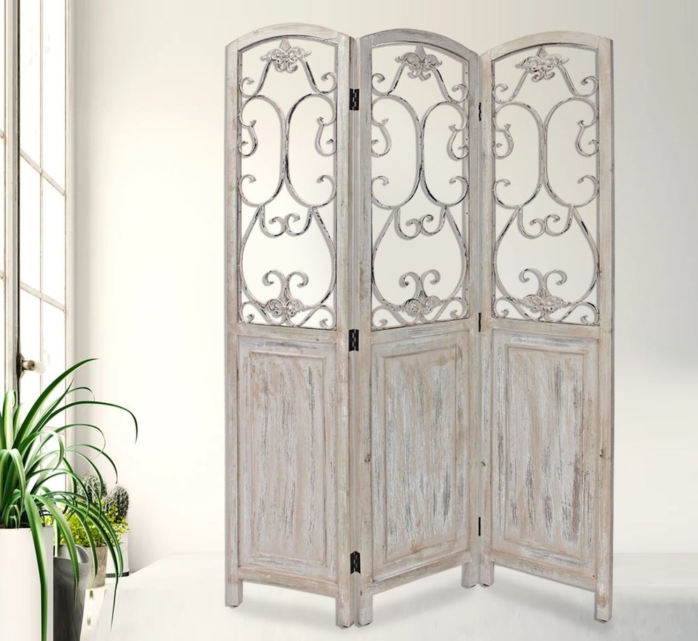 68" Beige Metal And Wood Folding Three Panel Screen Room Divider HomeRoots