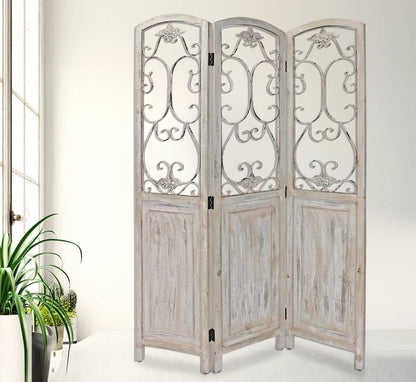 68" Beige Metal And Wood Folding Three Panel Screen Room Divider HomeRoots