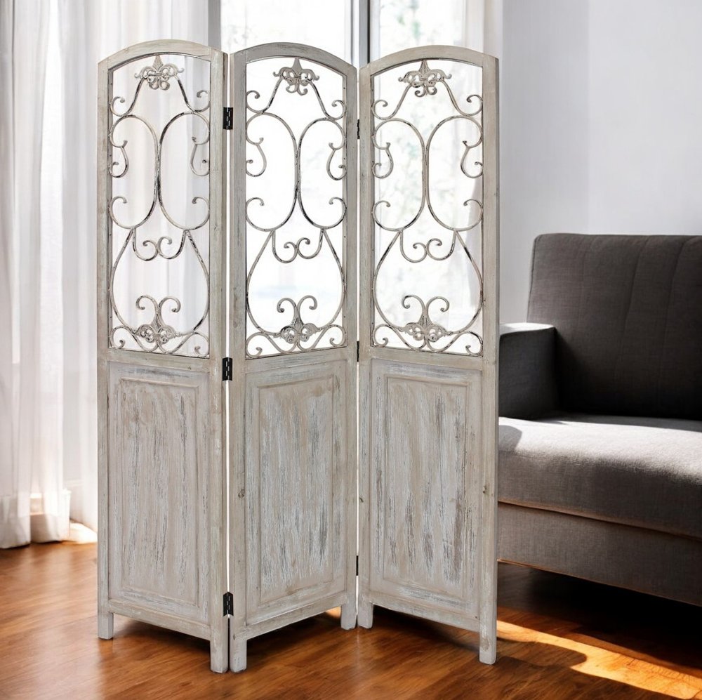 68" Beige Metal And Wood Folding Three Panel Screen Room Divider HomeRoots