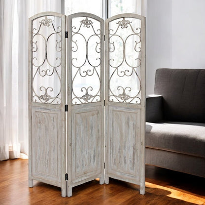 68" Beige Metal And Wood Folding Three Panel Screen Room Divider HomeRoots
