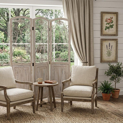 68" Beige Metal And Wood Folding Three Panel Screen Room Divider HomeRoots