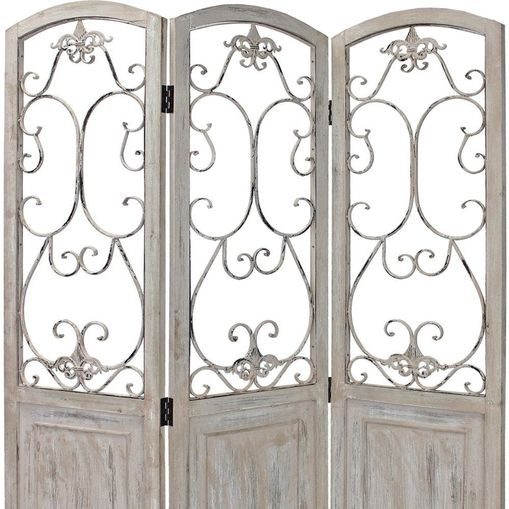 68" Beige Metal And Wood Folding Three Panel Screen Room Divider HomeRoots