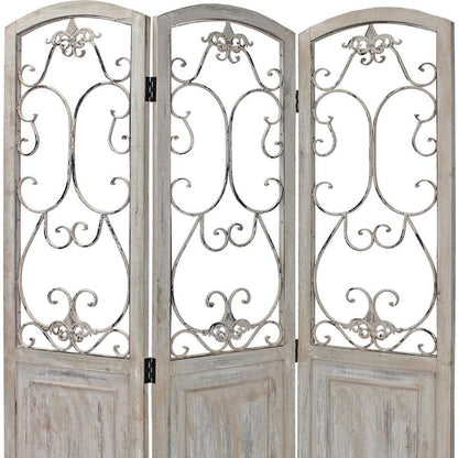 68" Beige Metal And Wood Folding Three Panel Screen Room Divider HomeRoots