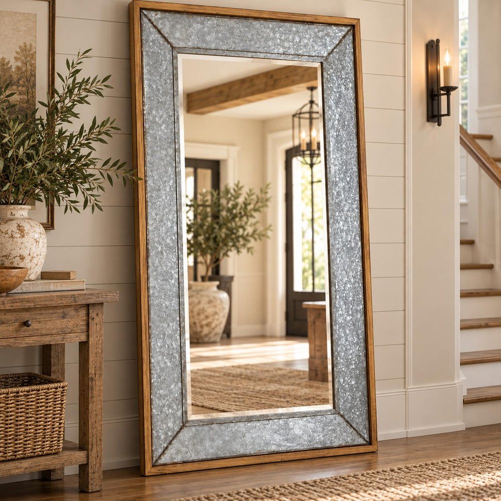 84" Gray And Brown Galvanized Metal and Wood Framed Leaning Accent Mirror — view 6