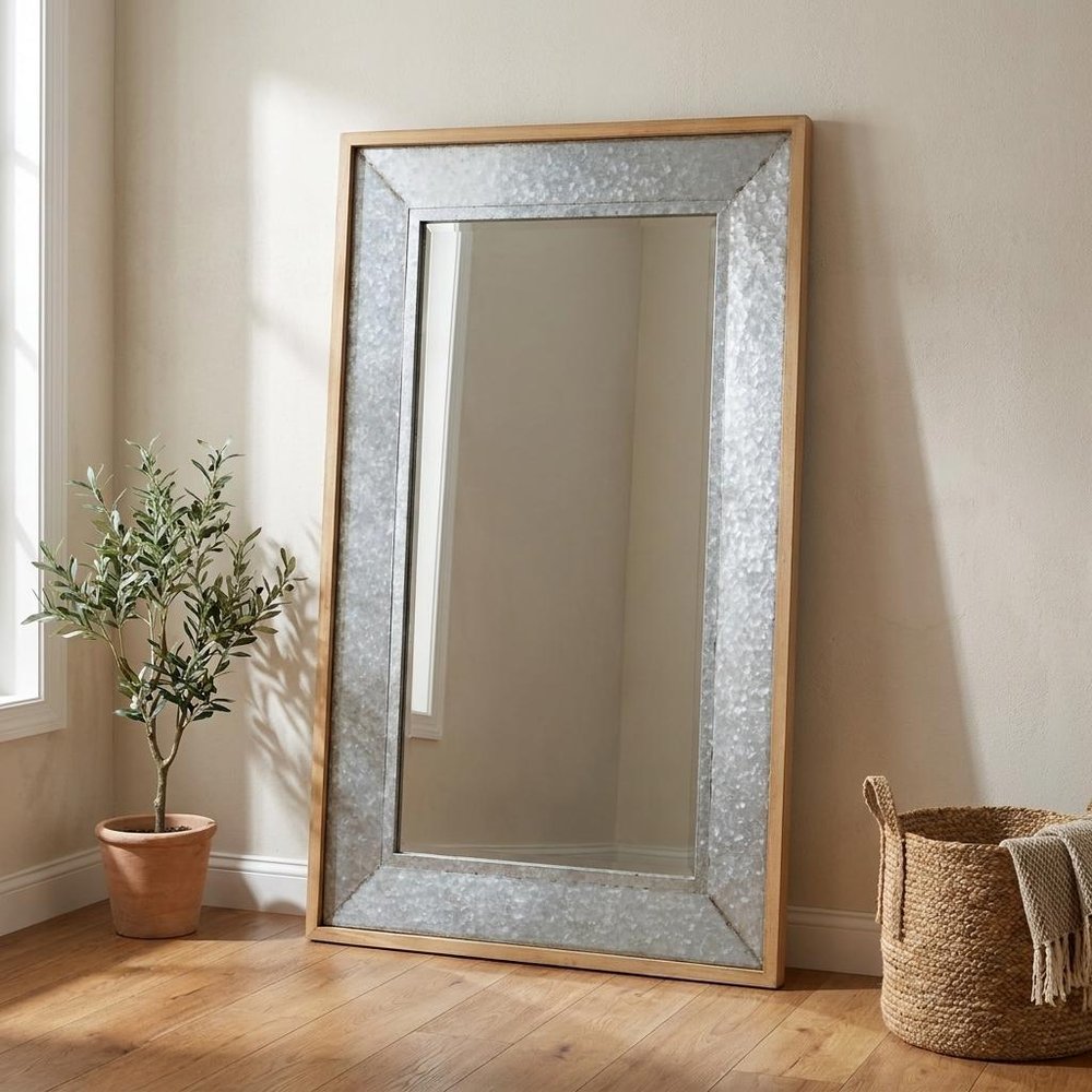 84" Gray And Brown Galvanized Metal and Wood Framed Leaning Accent Mirror HomeRoots