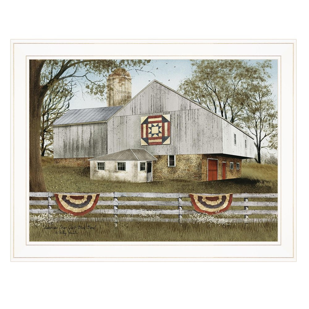 American Star Quilt Block Barn 3 White Framed Print Wall Art — view 1
