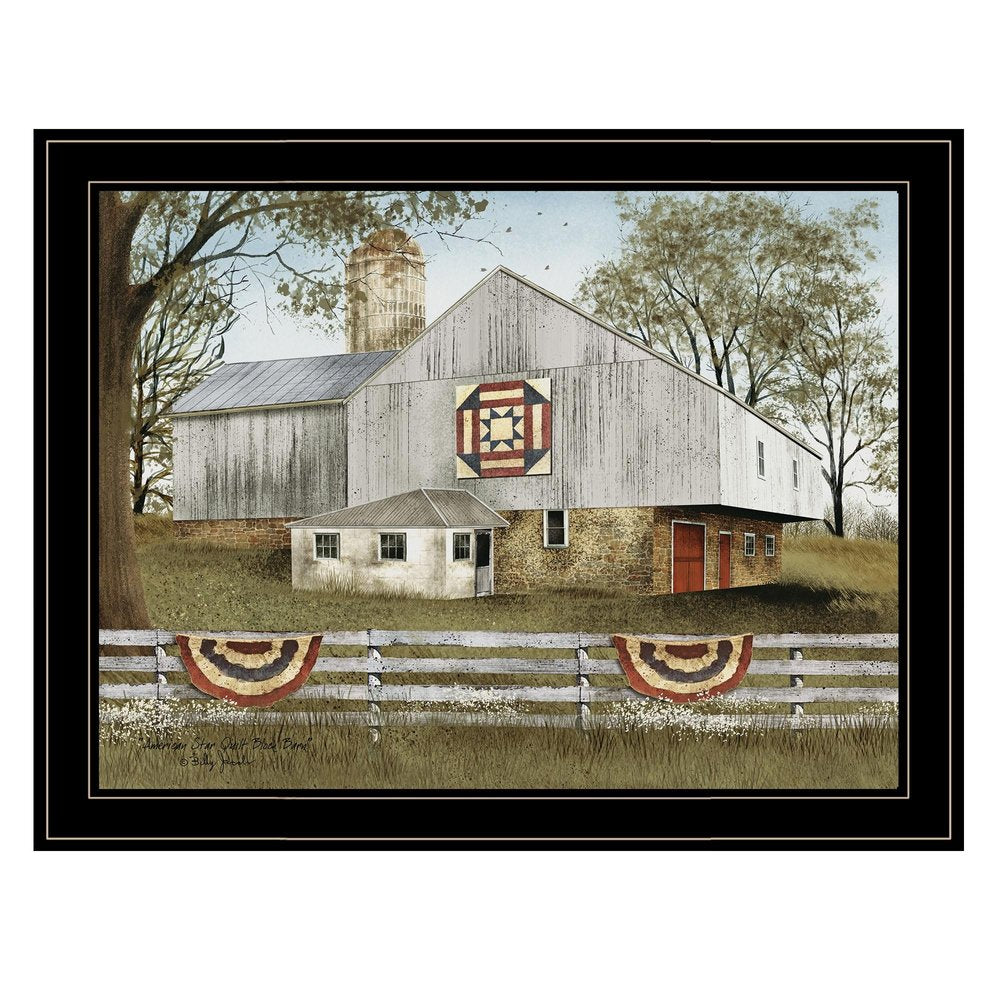 American Star Quilt Block Barn 4 Black Framed Print Wall Art — view 1
