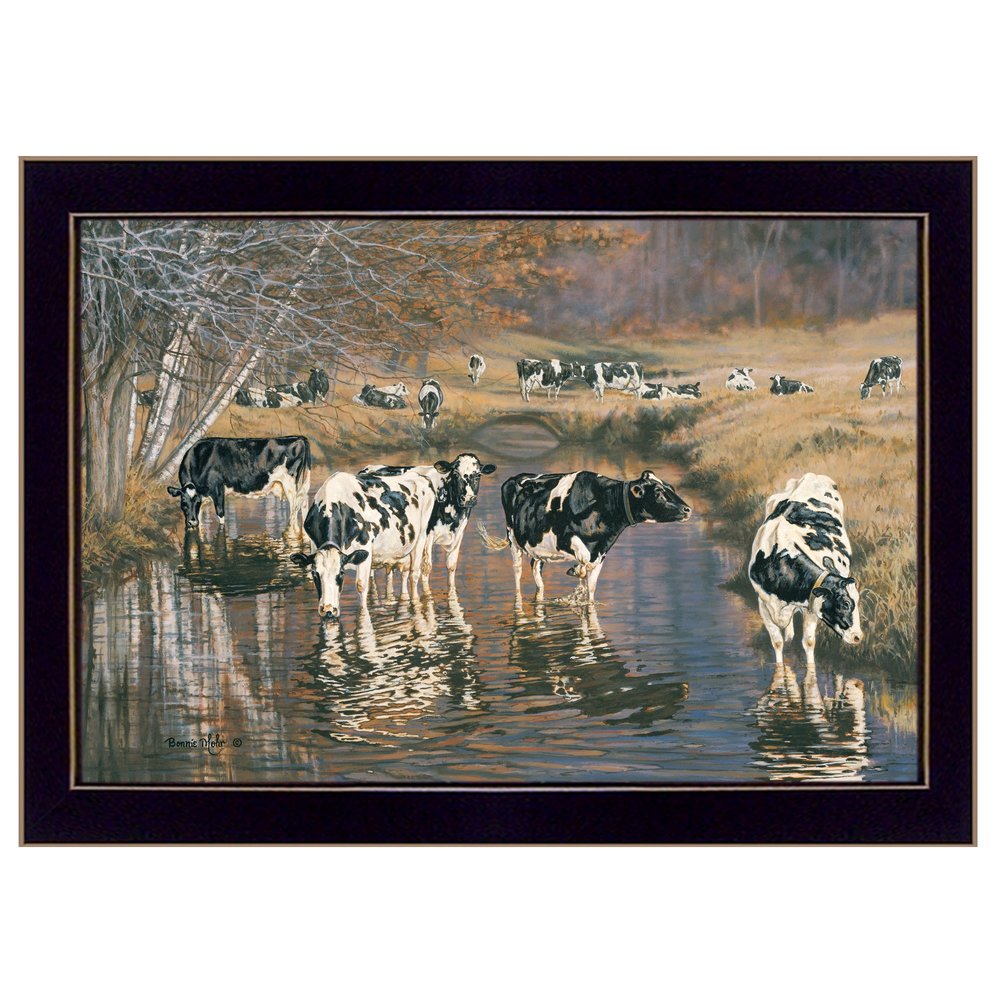 Fall Reflections Holsteins in River Black Framed Print Wall Art — view 1