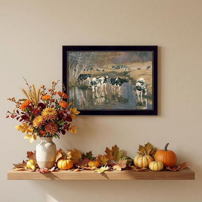 Fall Reflections Holsteins in River Black Framed Print Wall Art