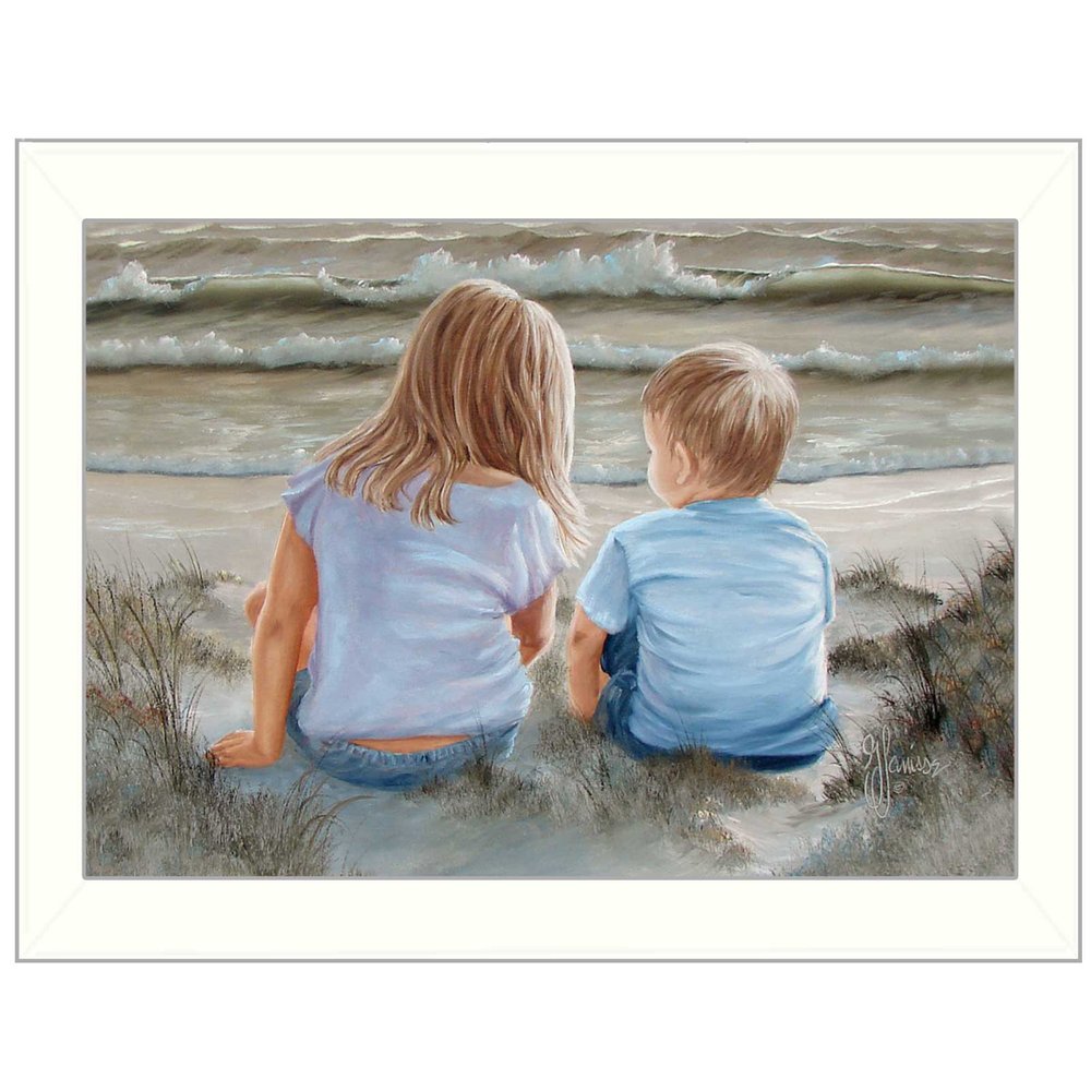 Boy and Girl Sitting White Framed Print Wall Art — view 1