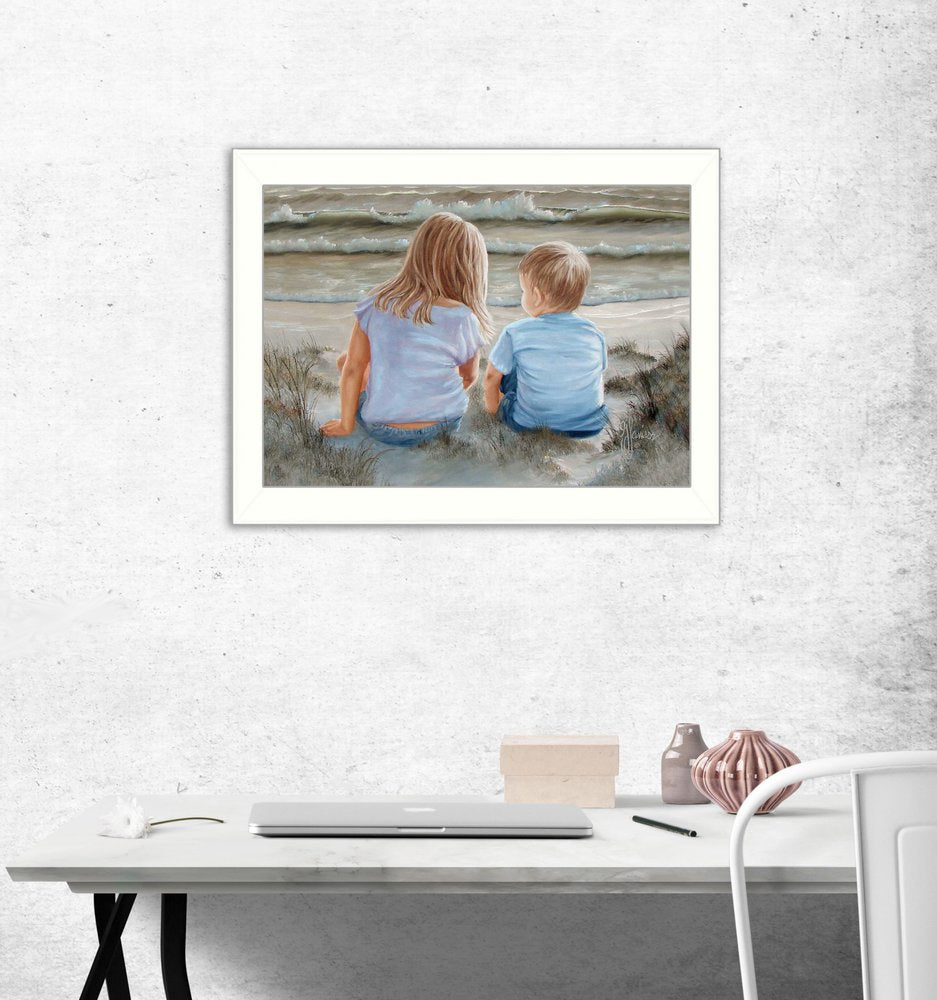 Boy and Girl Sitting White Framed Print Wall Art — view 2