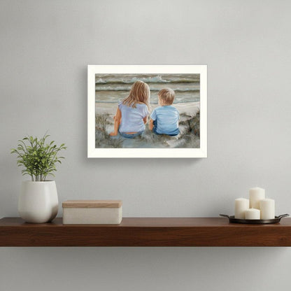 Boy and Girl Sitting White Framed Print Wall Art