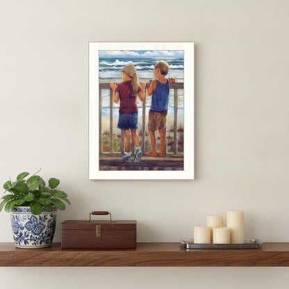 Looking Over the Rail White Framed Print Wall Art