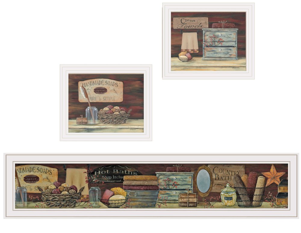 Set Of Three COUNTRY BATH White Framed Print Bathroom Wall Art — view 1