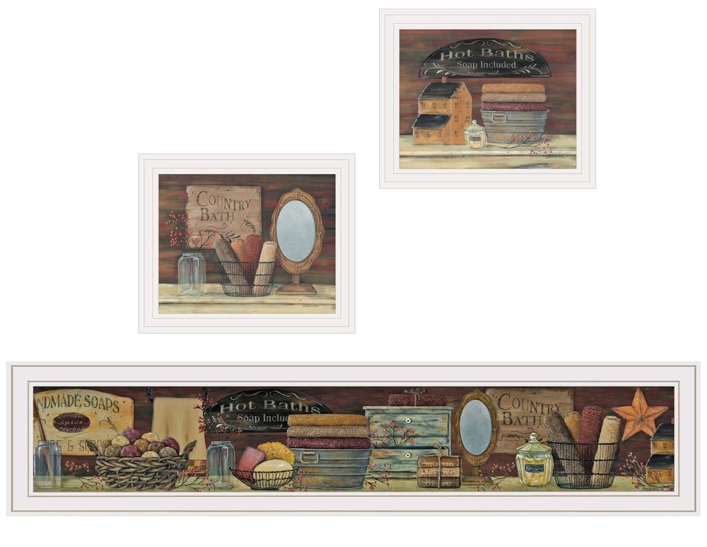 Set Of Three COUNTRY BATH White Framed Print Bathroom Wall Art — view 1