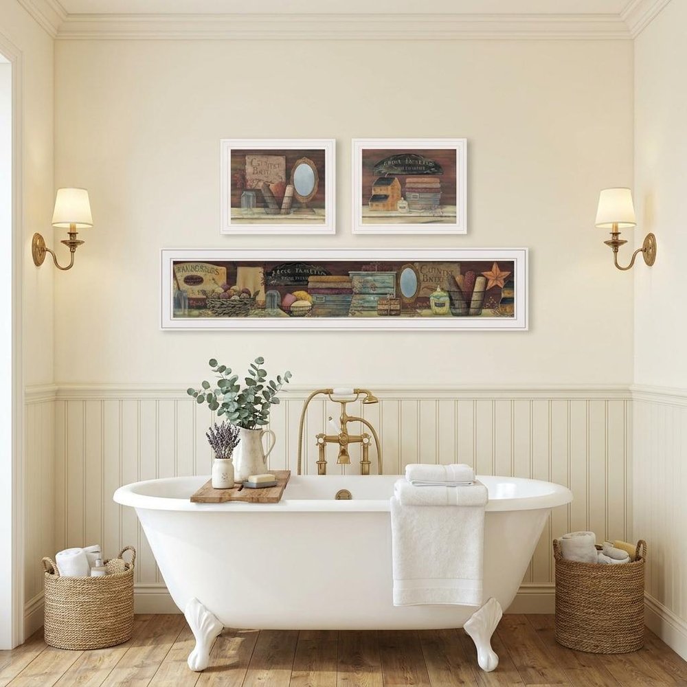 Set Of Three COUNTRY BATH White Framed Print Bathroom Wall Art HomeRoots