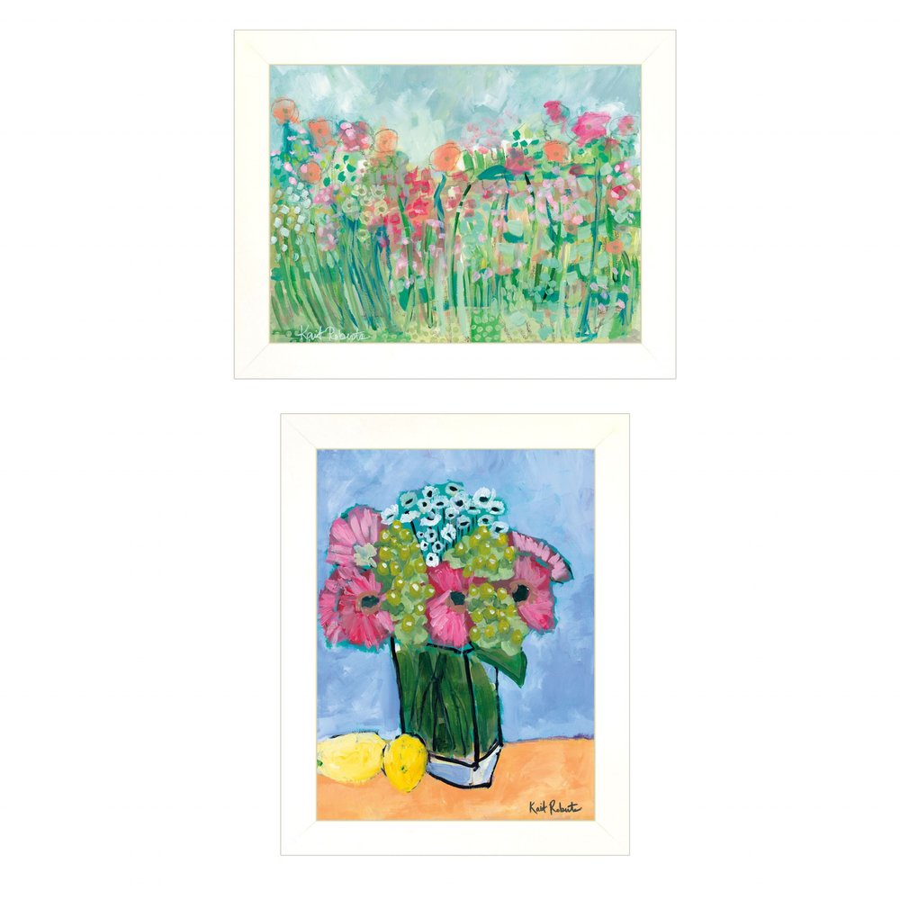 Set Of Two Flower field or Bouquet White Framed Print Wall Art HomeRoots