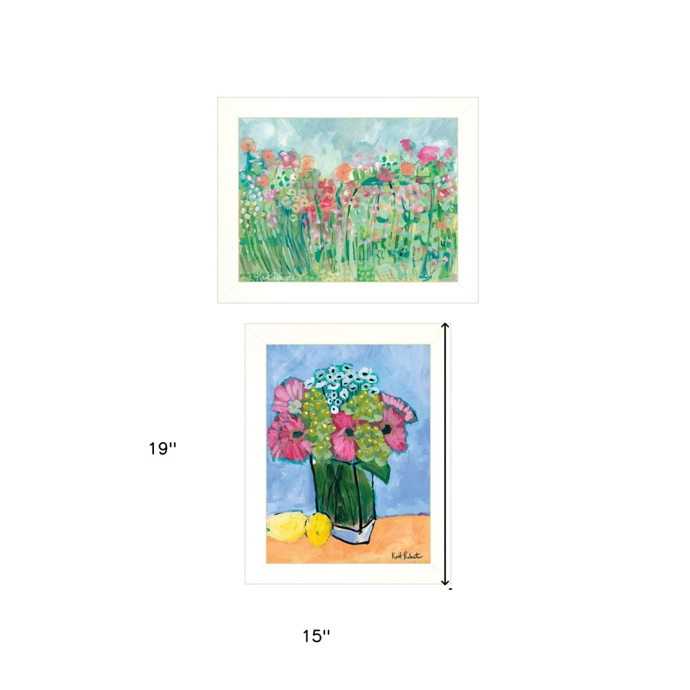 Set Of Two Flower field or Bouquet White Framed Print Wall Art — view 3